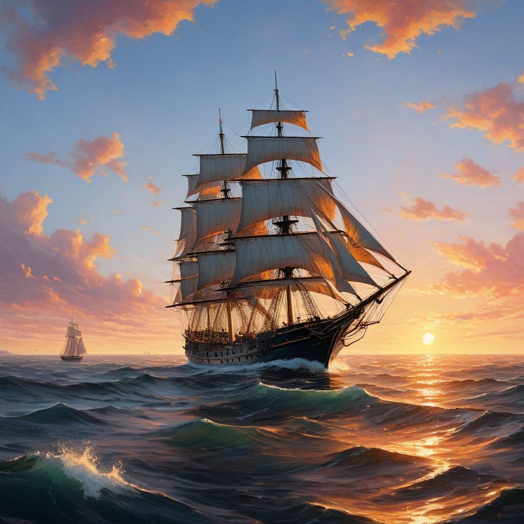 Sailing Ship in Sunset Ocean Breeze