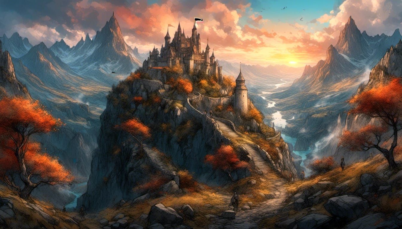 Anime Castle Sunset: Detailed Fantasy Landscape