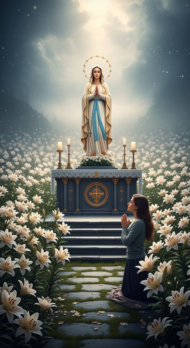 Our Lady of Lourdes Statue Amidst Lilies, Stone Steps