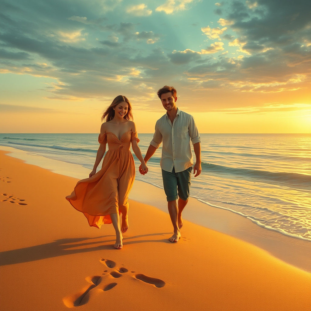 Couple Walking on Beach at Sunset in Hyperrealism