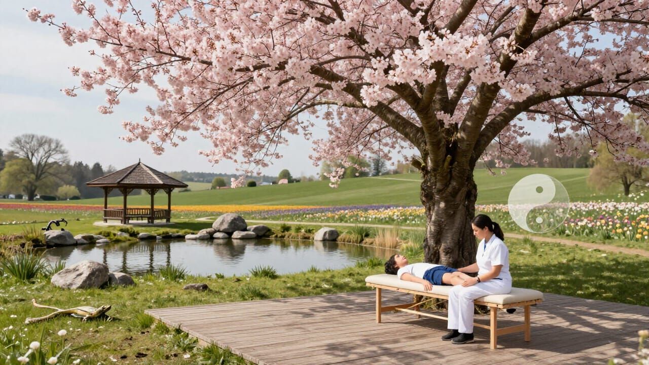 Tranquil Cherry Blossom Terrace: Therapy Session in Bavarian...