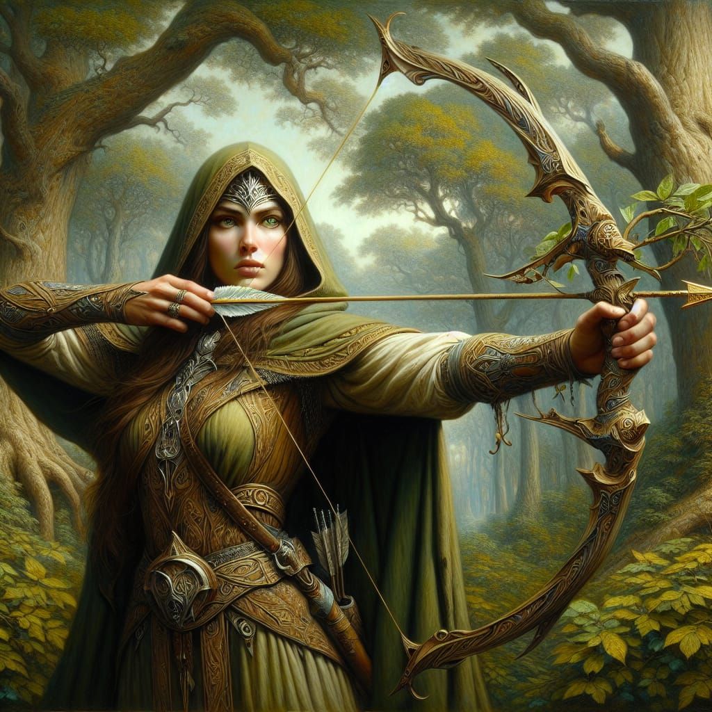 Elven Huntress in Forest Canopy as Oil Painting