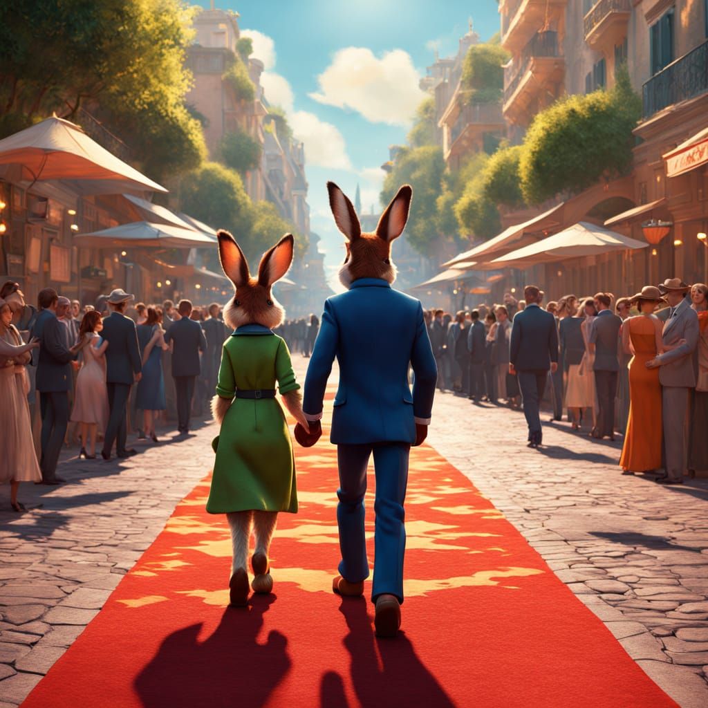 Gouache Masterpiece of Judy Hopps and Nick Wilde on Red Carp...