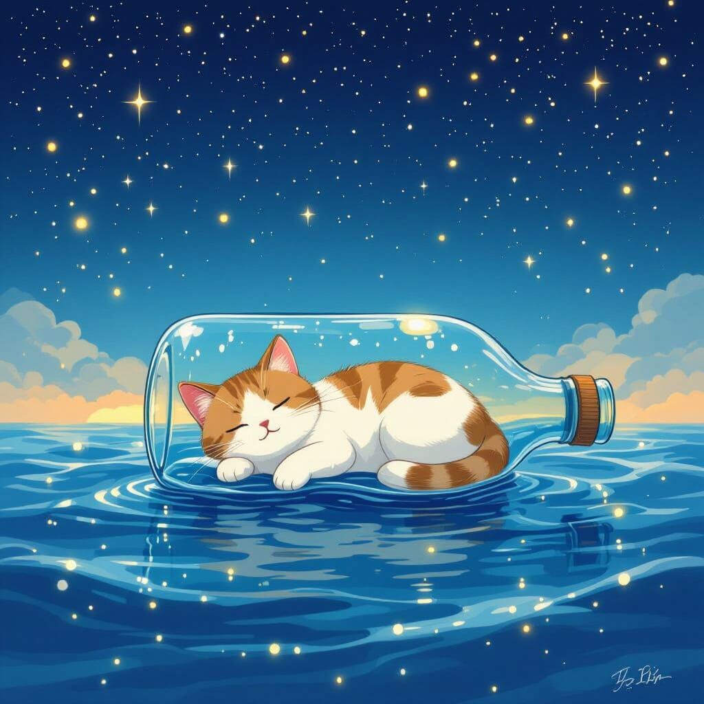 Dreamy Cat in a Bottle Under Starry Sky