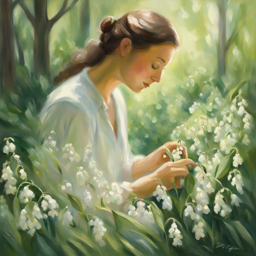 Surreal Impressionist Scene of a Woman Gathering Muguet in a...