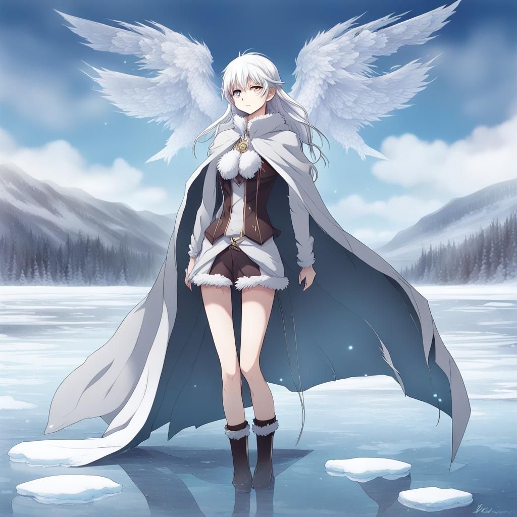 Anime Woman with Wings on Frozen Lake