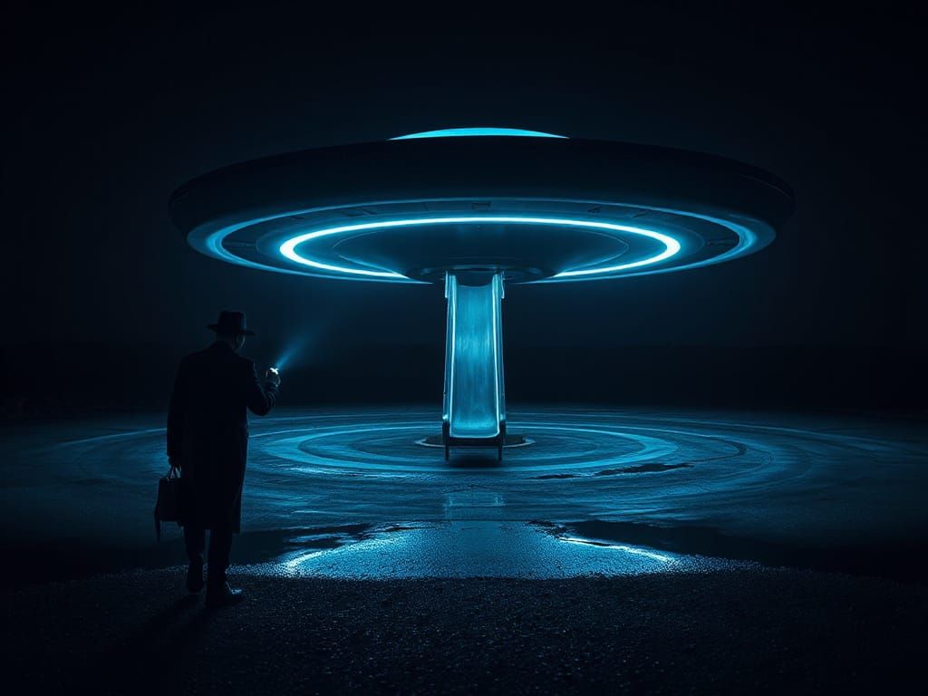 Dramatic Night Scene: UFO with Slide in Photorealistic Style
