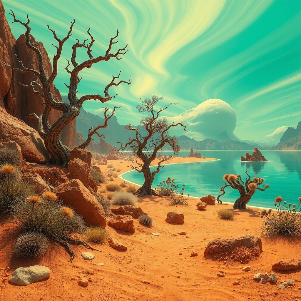 Alien Lakefront in Vibrant, Green Skies with Striated Clouds