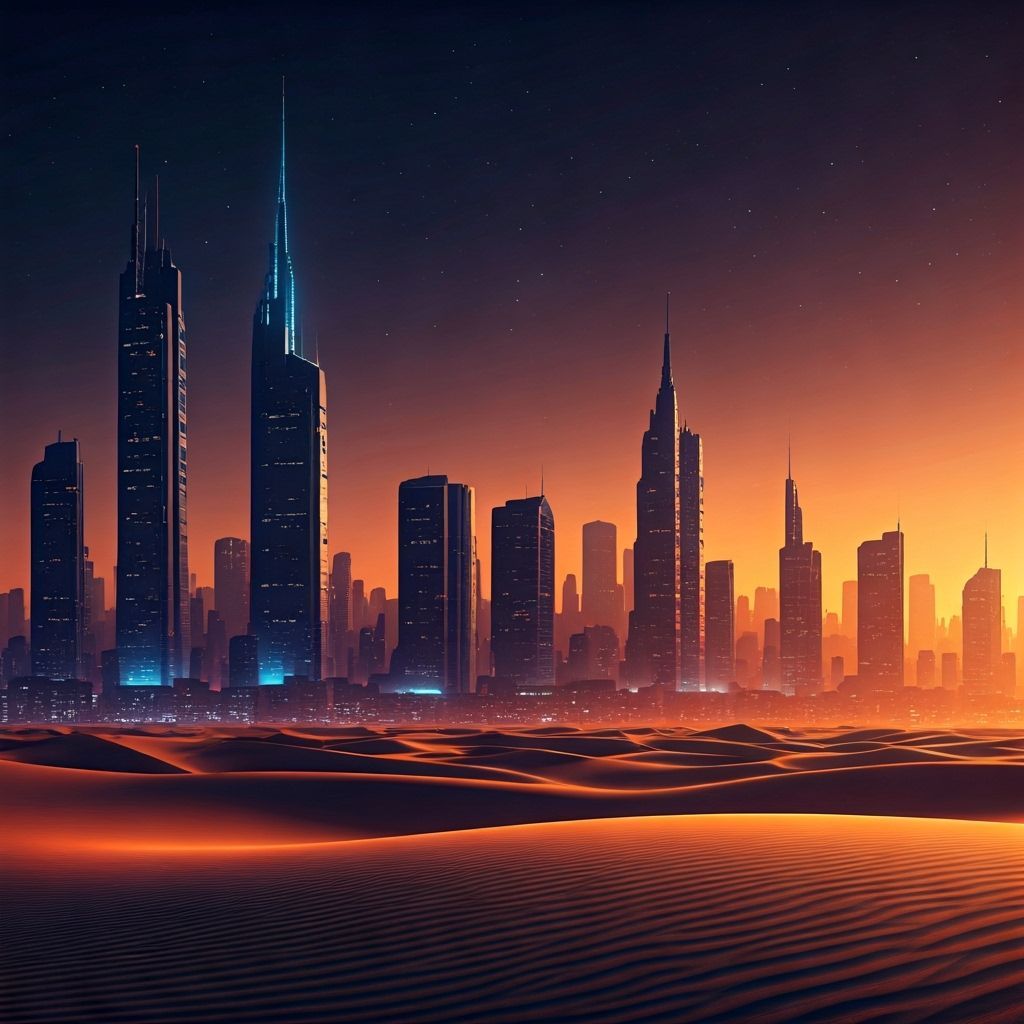 Cyberpunk City Meets Desert Landscape at Twilight