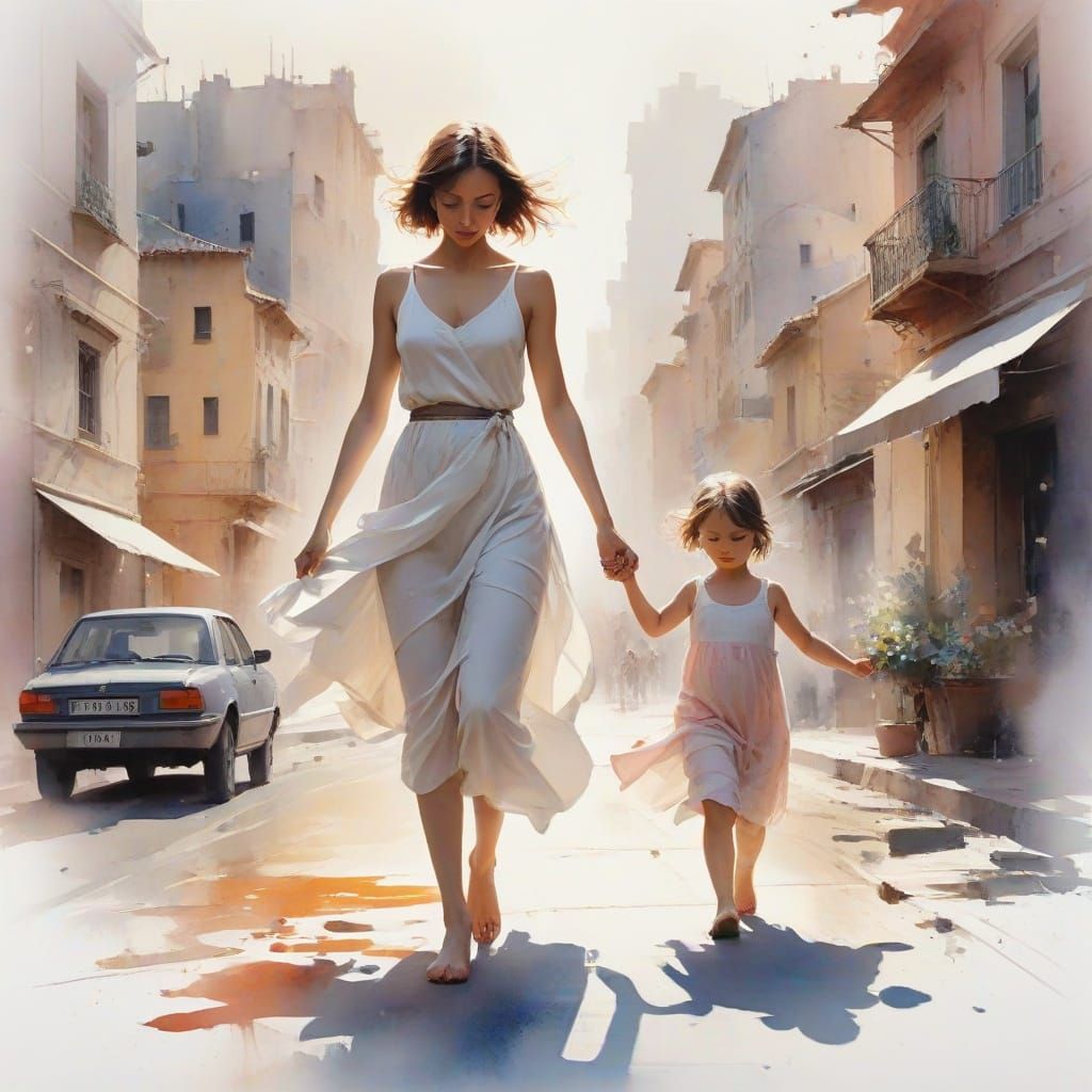 Urban Supermom: Watercolour Fusion of Motherhood and City Li...