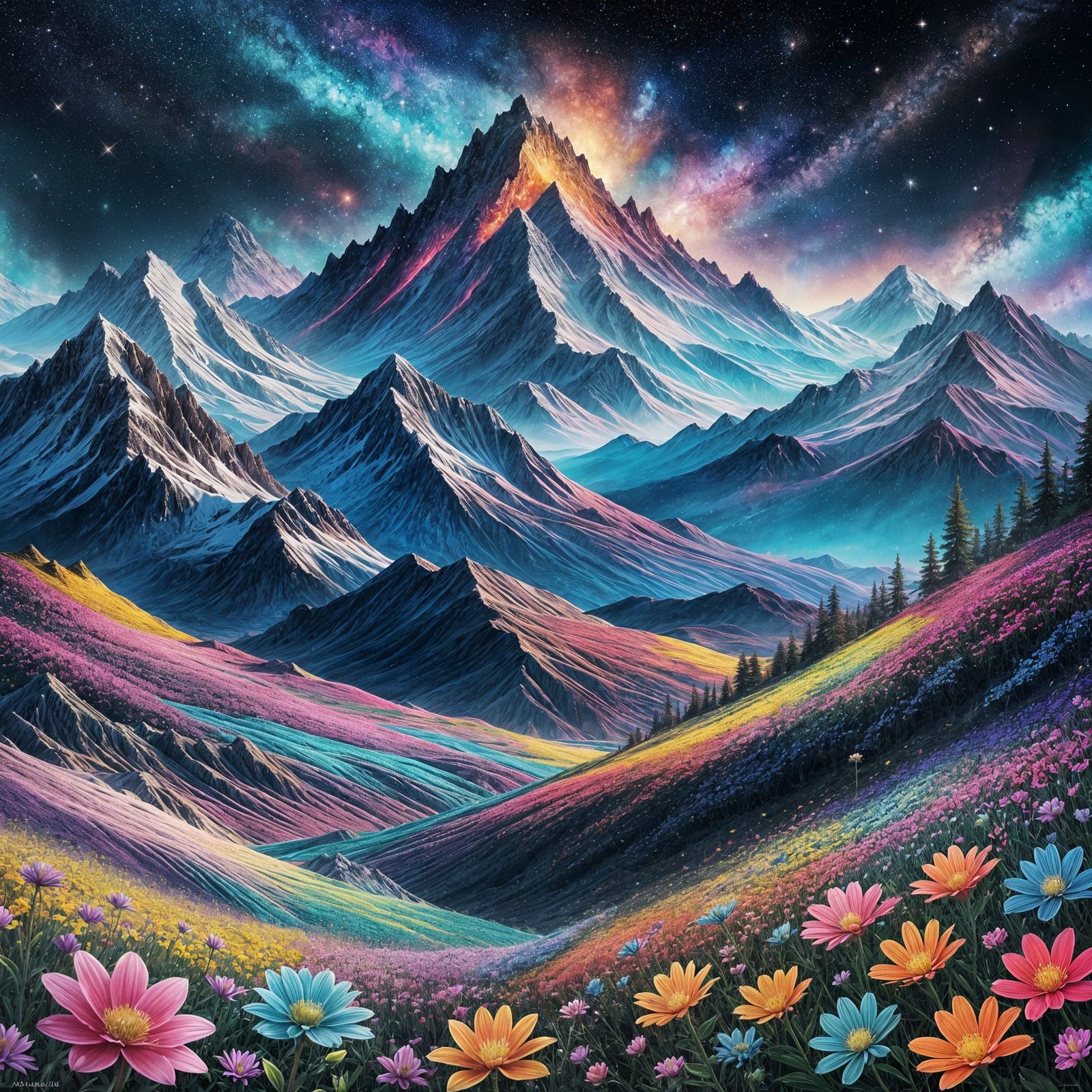 Cosmic Flower Mountains in Astral Illustration