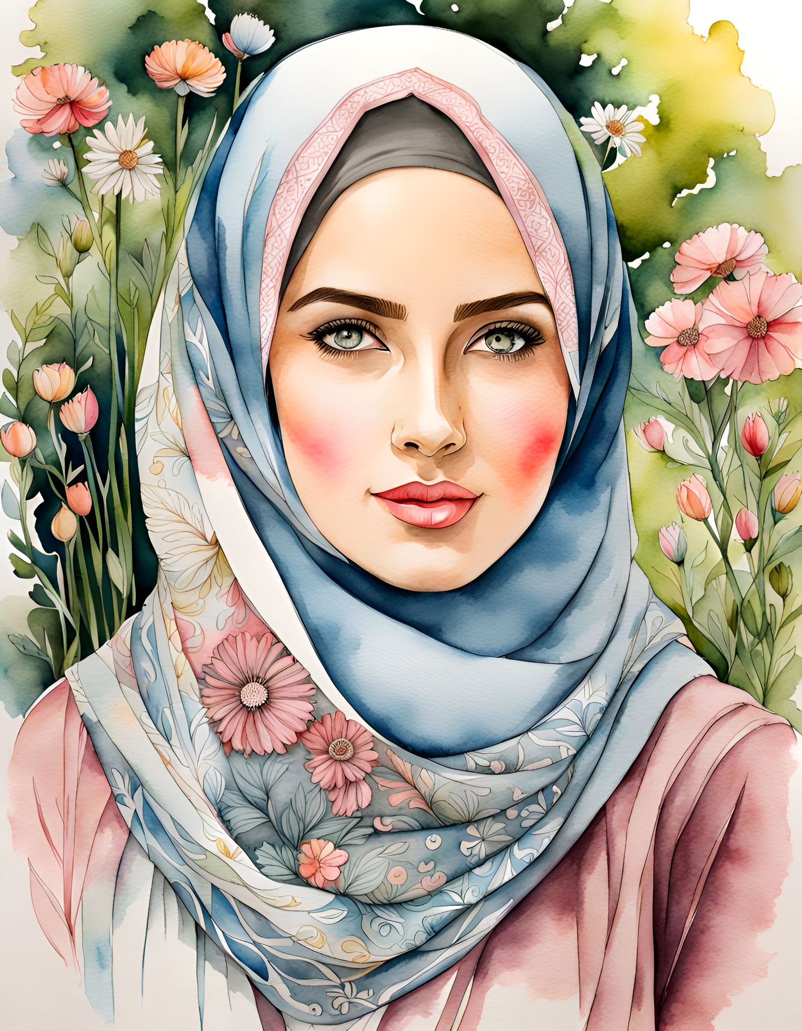 Watercolor Portrait of Woman in Hijab