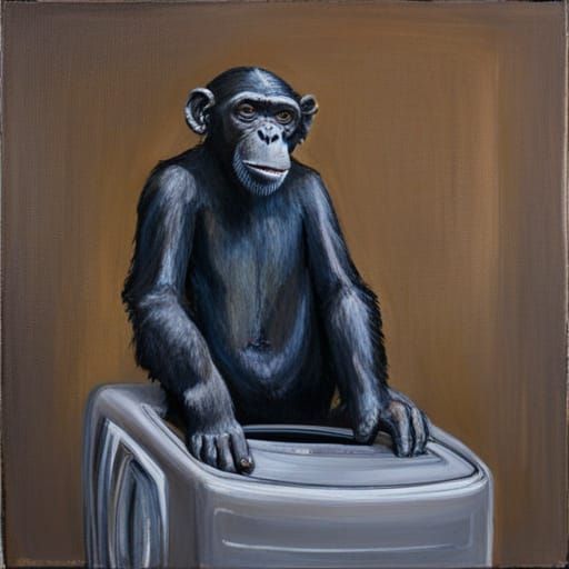 Chimp Statue on Washing Machine, Oil Painting