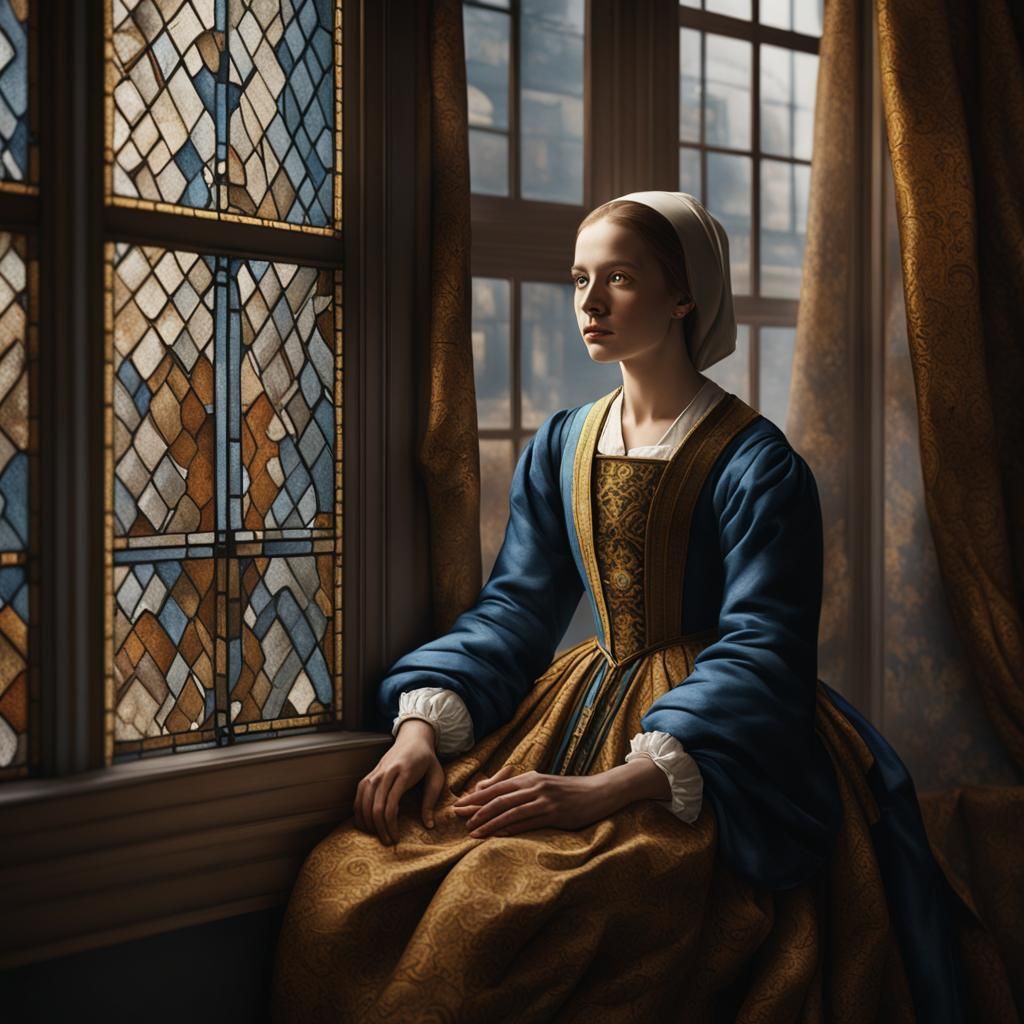 Vermeer-Style Portrait of a Woman by Window