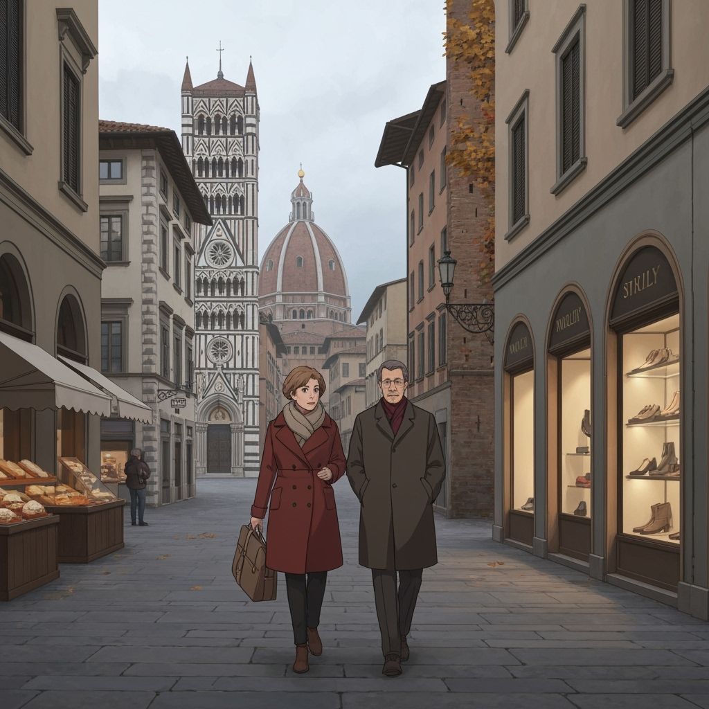 Elderly Couple Strolls Through Historic Italian City in Autu...