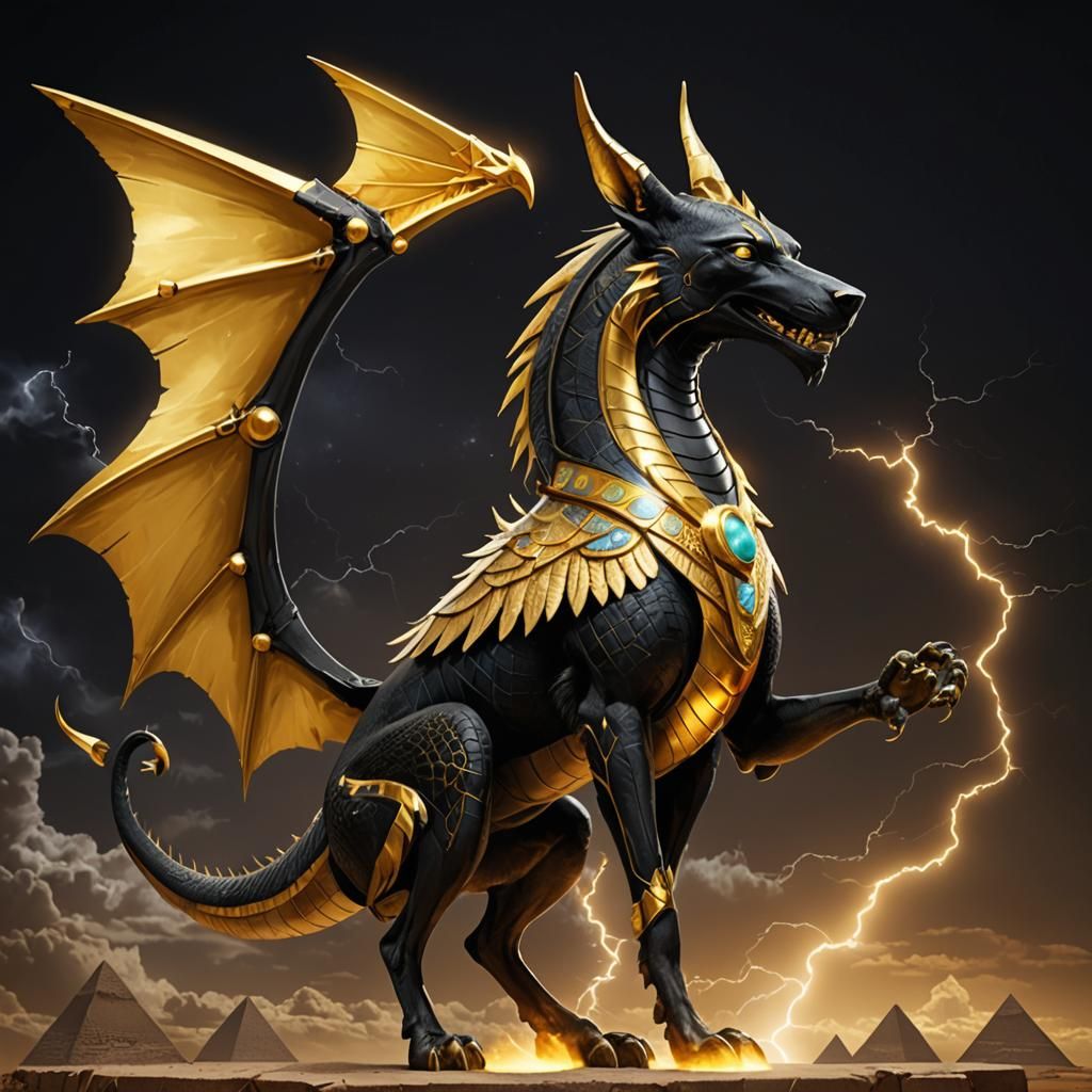 Anubis Dragon with Golden Wings and Gothic Flair