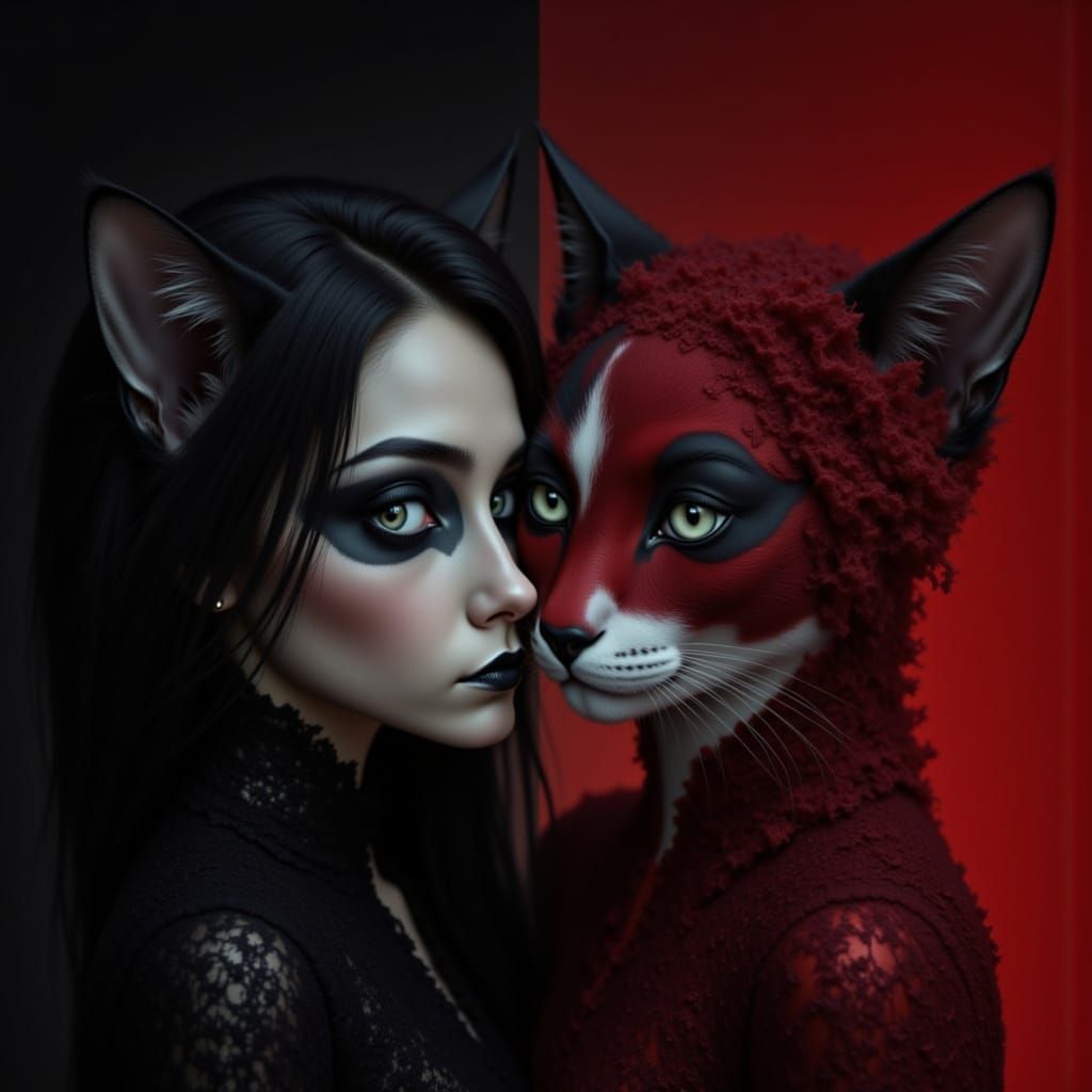 Maiden and Cat Duality Portrait in Hyperrealistic Style