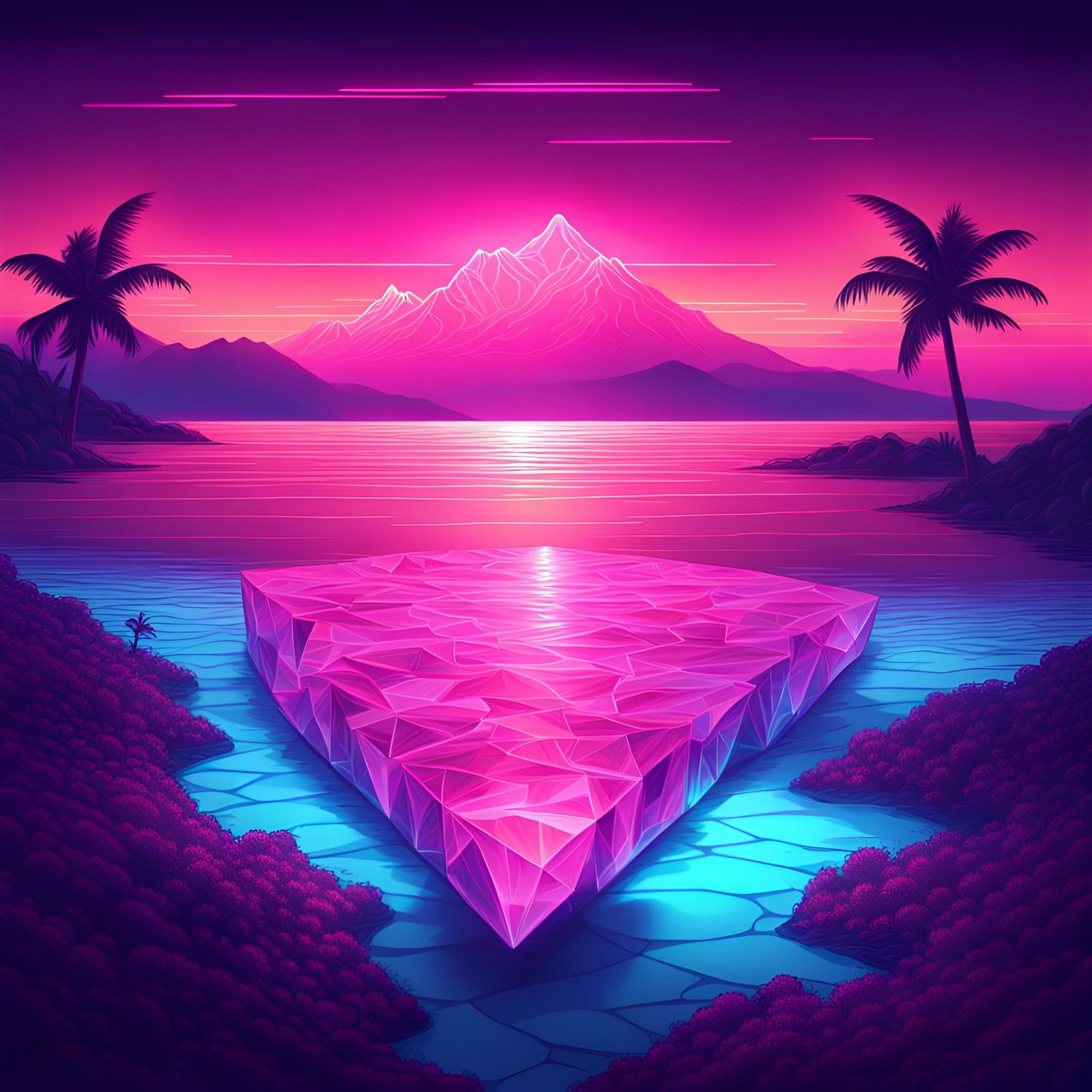 Synthwave Crystal Ocean Island Sunset
