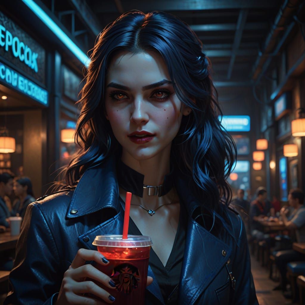 Modern Vampire in Starbucks, Captured in Detailed Fantasy Ar...