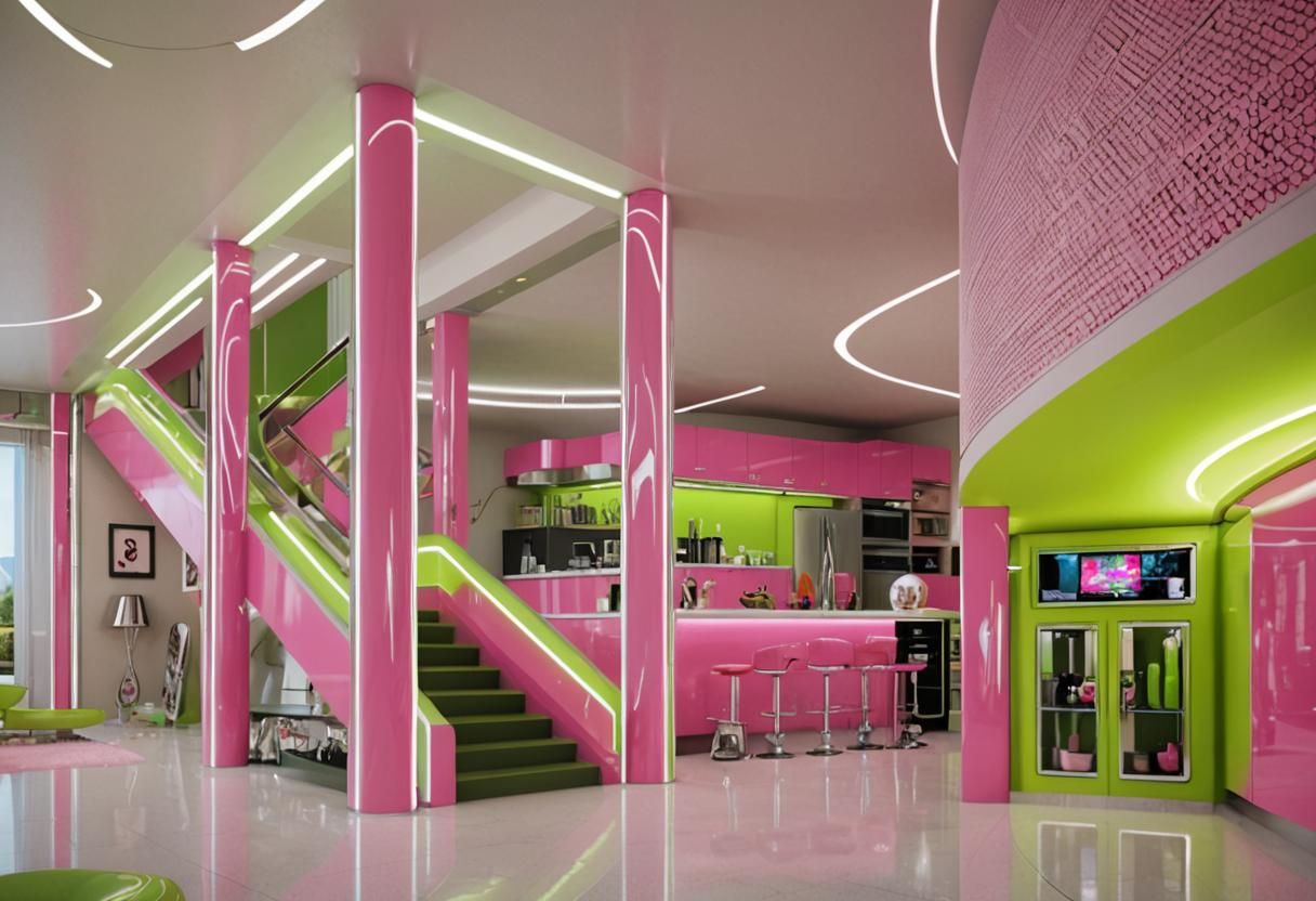 Retro-Futuristic Living Room in Bubblegum Pink and Lime Gree...