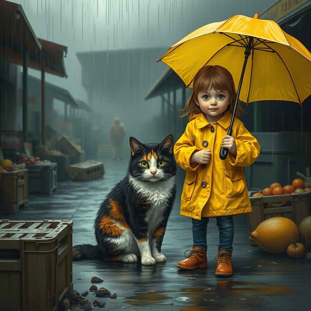 A Young Girl Offers Hope to a Drenched Calico Cat in the Rai...