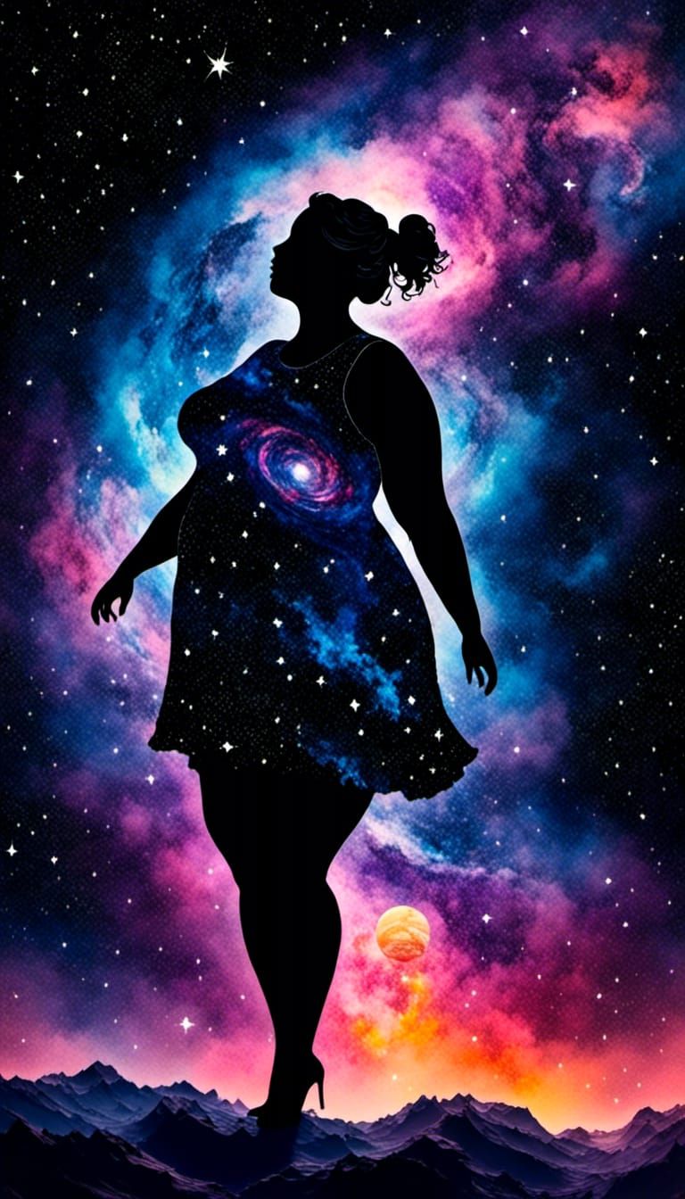 Curvy Woman's Silhouette Floating in Galaxy Void