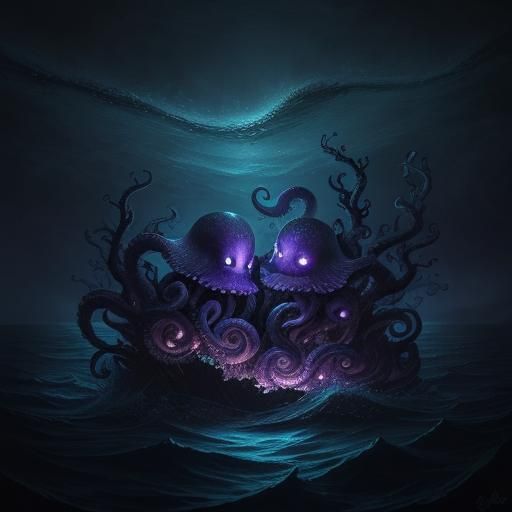 Mystical Ocean: Bioluminescent Octopus Babies in Dark Fantas...
