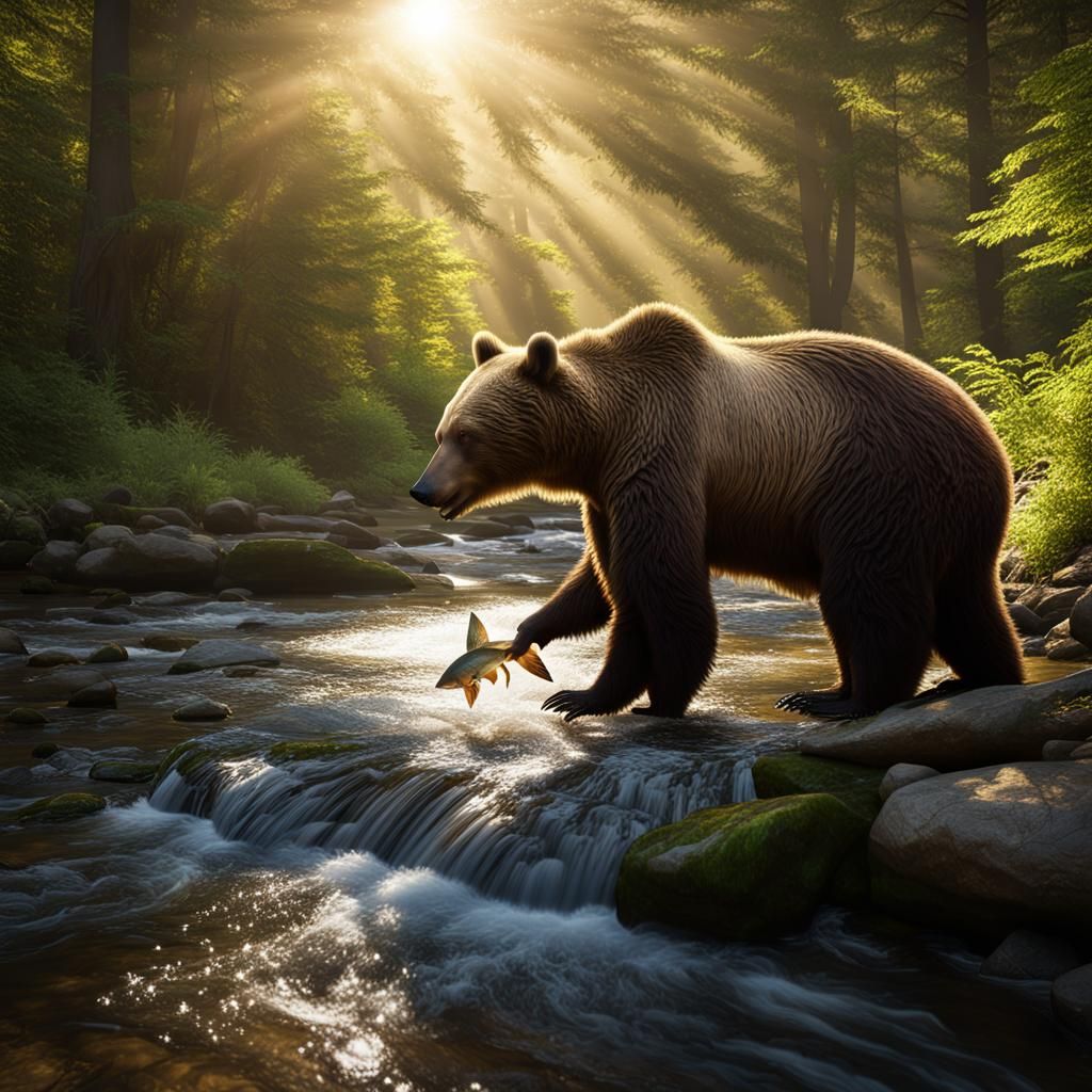 Bear Catches Fish in Forest Stream