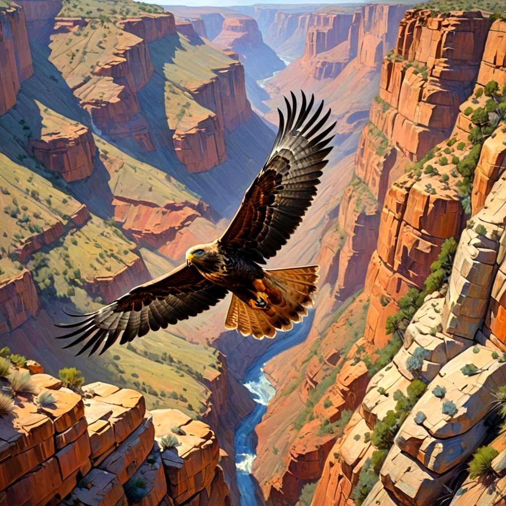 Hawk Flying Over Canyon as Impasto Painting
