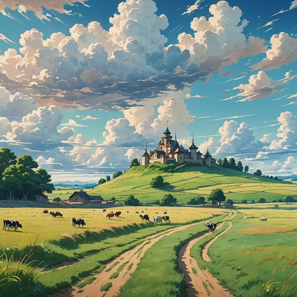 Surreal Anime Landscape with Castle in Makoto Shinkai Style