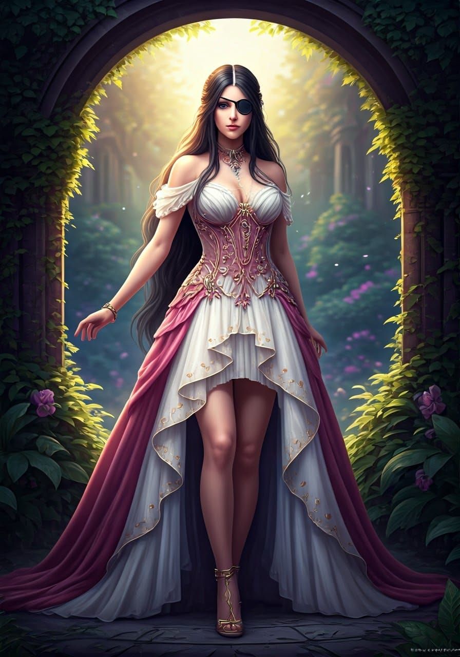 Elegant Woman with Eyepatch in Dark Fantasy Style
