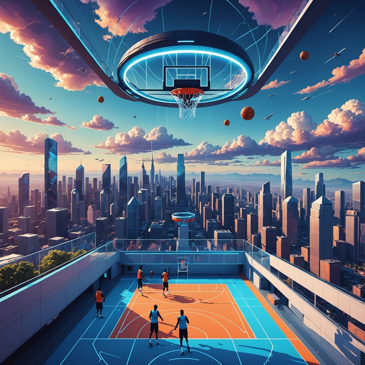 Futuristic Zero Gravity Basketball in the Clouds