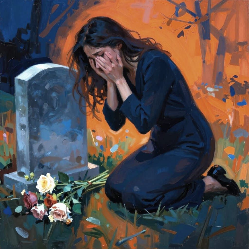 Woman Mourning at Gravesite in Abstract Art Style