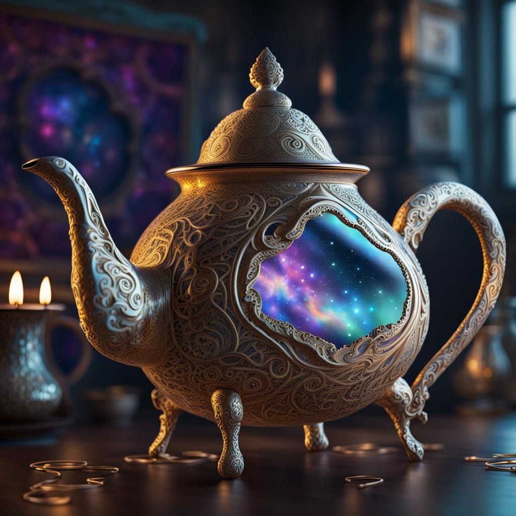 Gold Filigree Teapot with Cosmic Astral Illustration