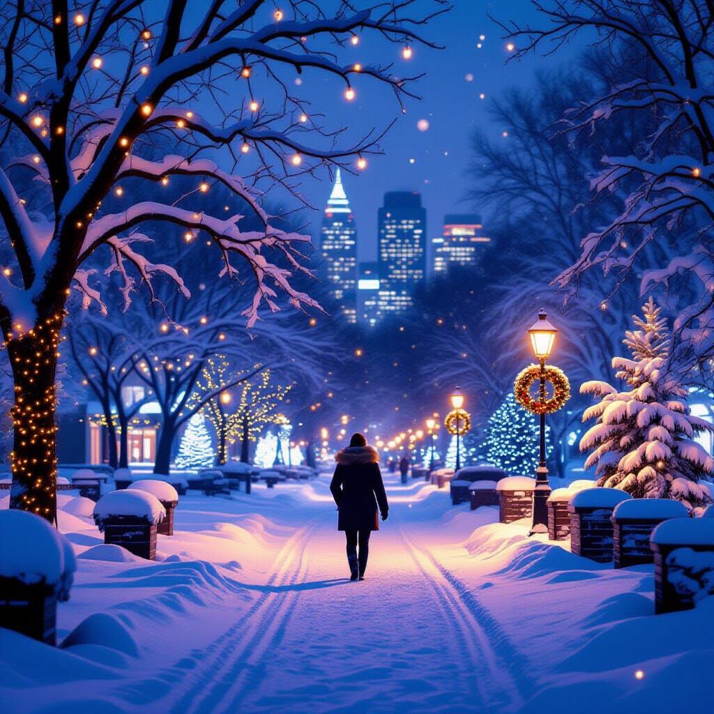 Person in Snowy Park Amidst Festive Holiday Lights
