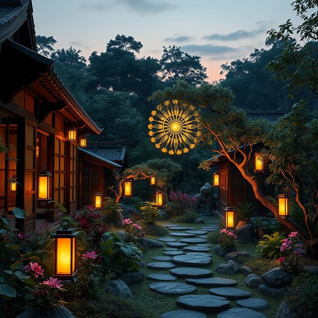 Glowing Galaxy Wood Carving in Japanese Garden