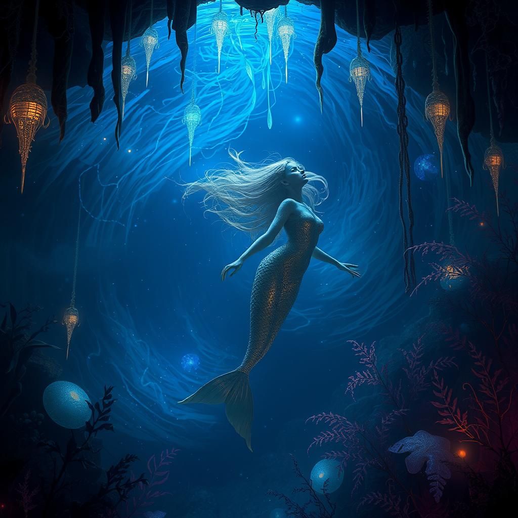 Ethereal Mermaid Emerges from Bioluminescent Abyss
