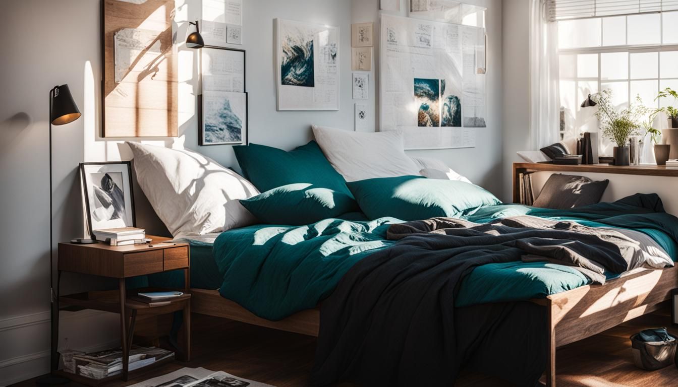 Sunlit Bedroom with Teal Bedspread and Sports Posters