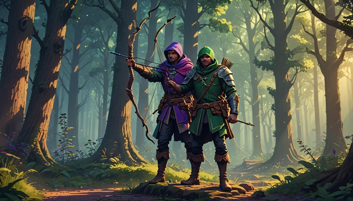 Pixelated Robin Hood in Sherwood Forest Arcade Style