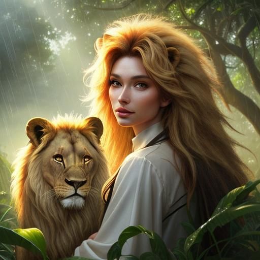 Girl and Lion in Jungle with Divine Light