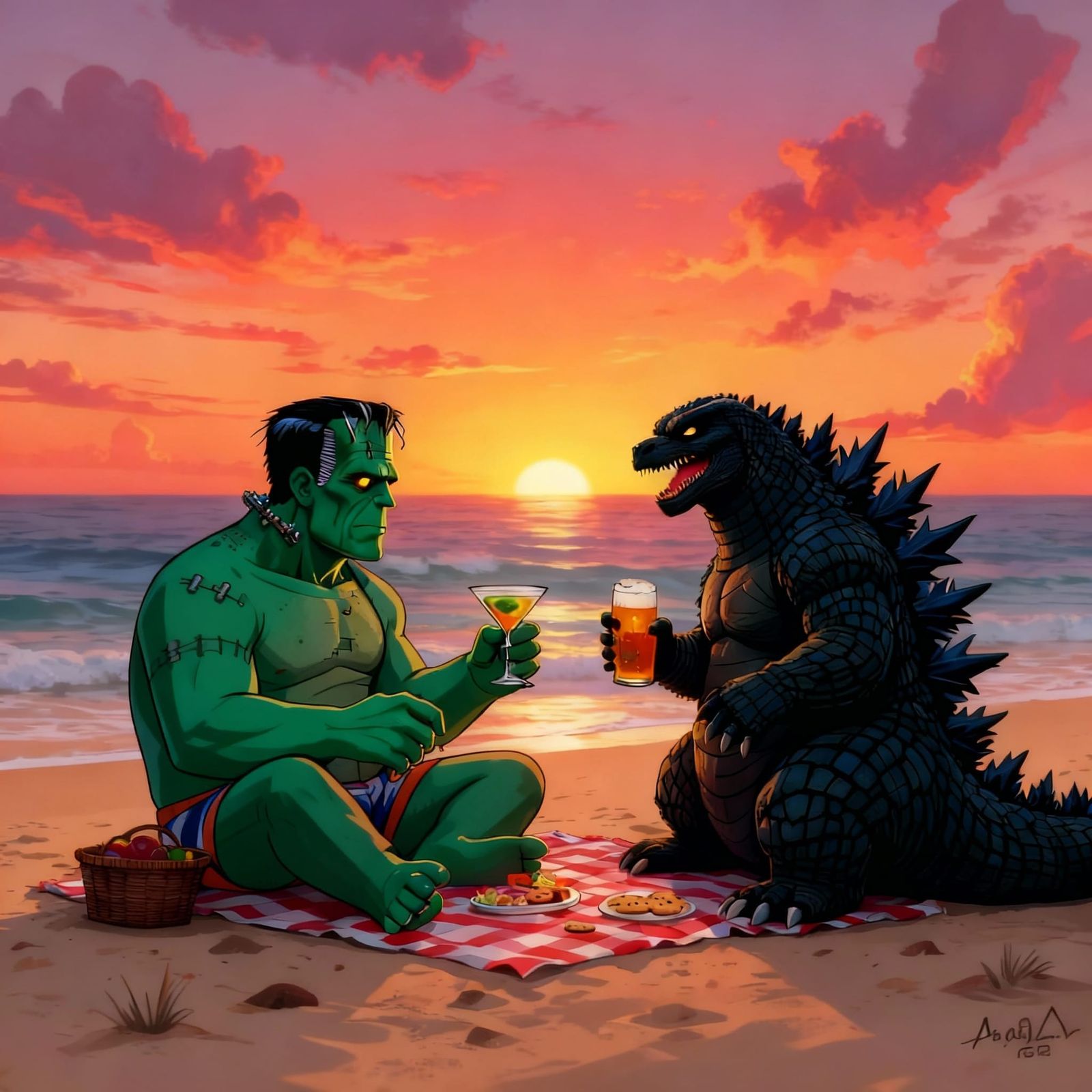 Frankenstein and Godzilla Picnic at Sunset