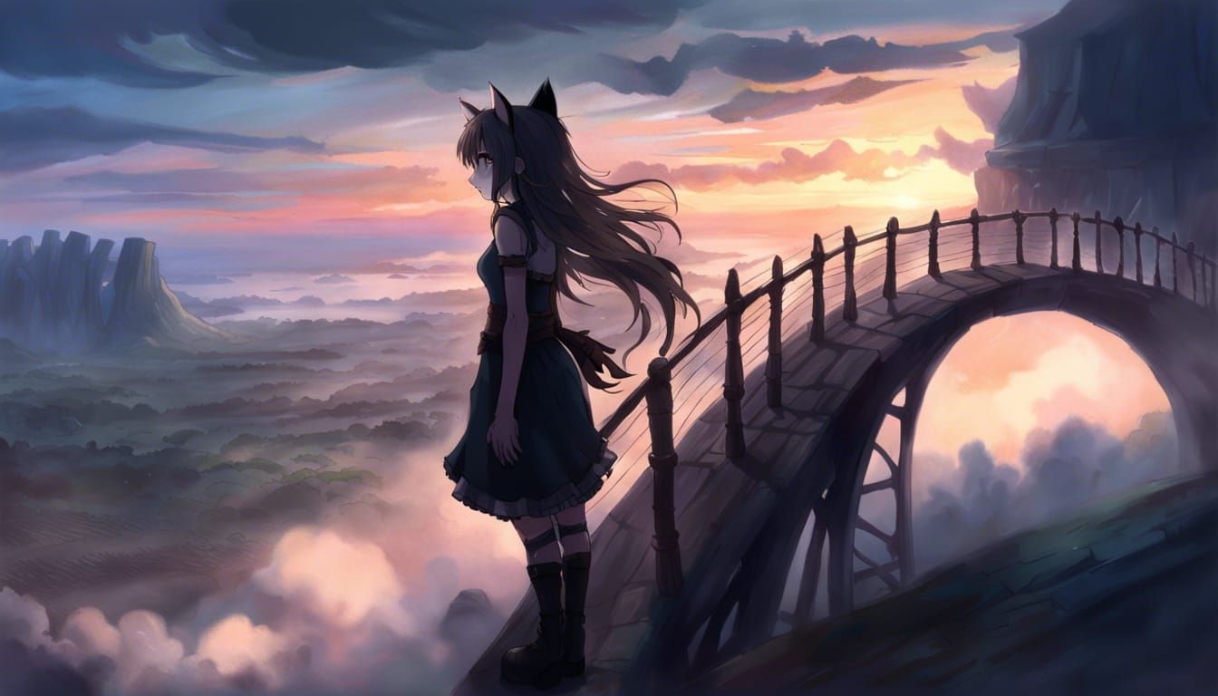 Fantasy Bridge with Cat Girl in Anime Style
