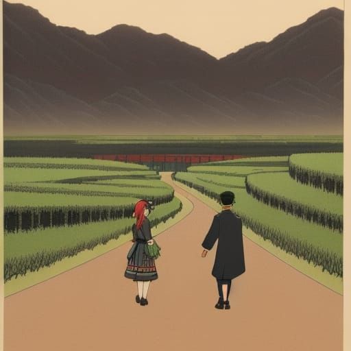 Anime Style Rice Paddy Scene with Figures