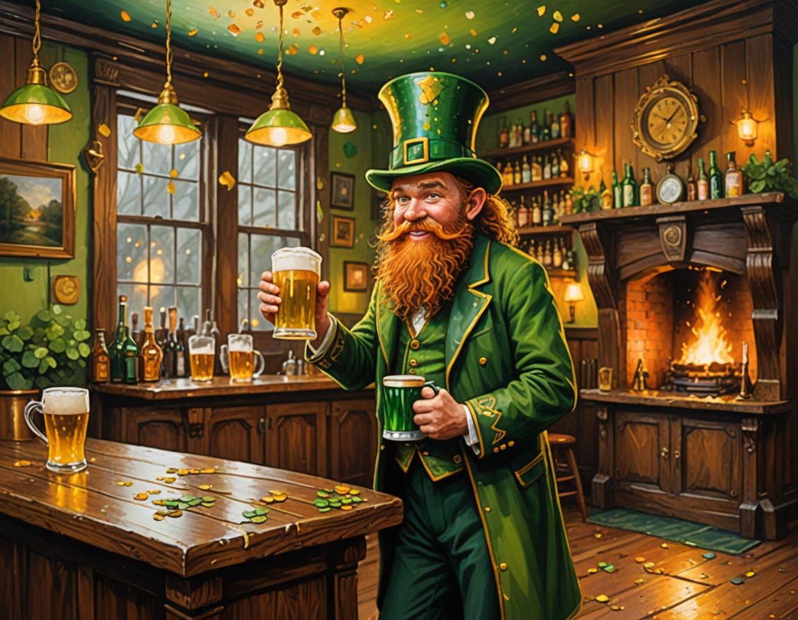Lively Irish Pub Scene with Leprechaun and Beer