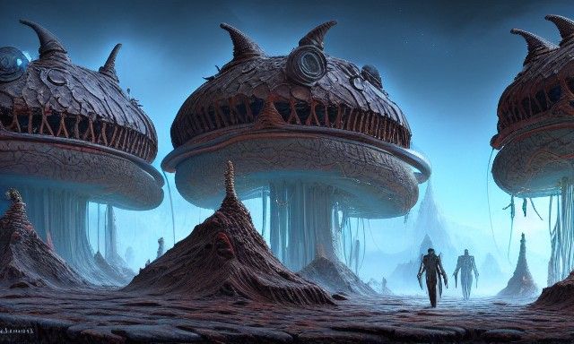 Alien Village on Strange Planet: Detailed Fantasy Art