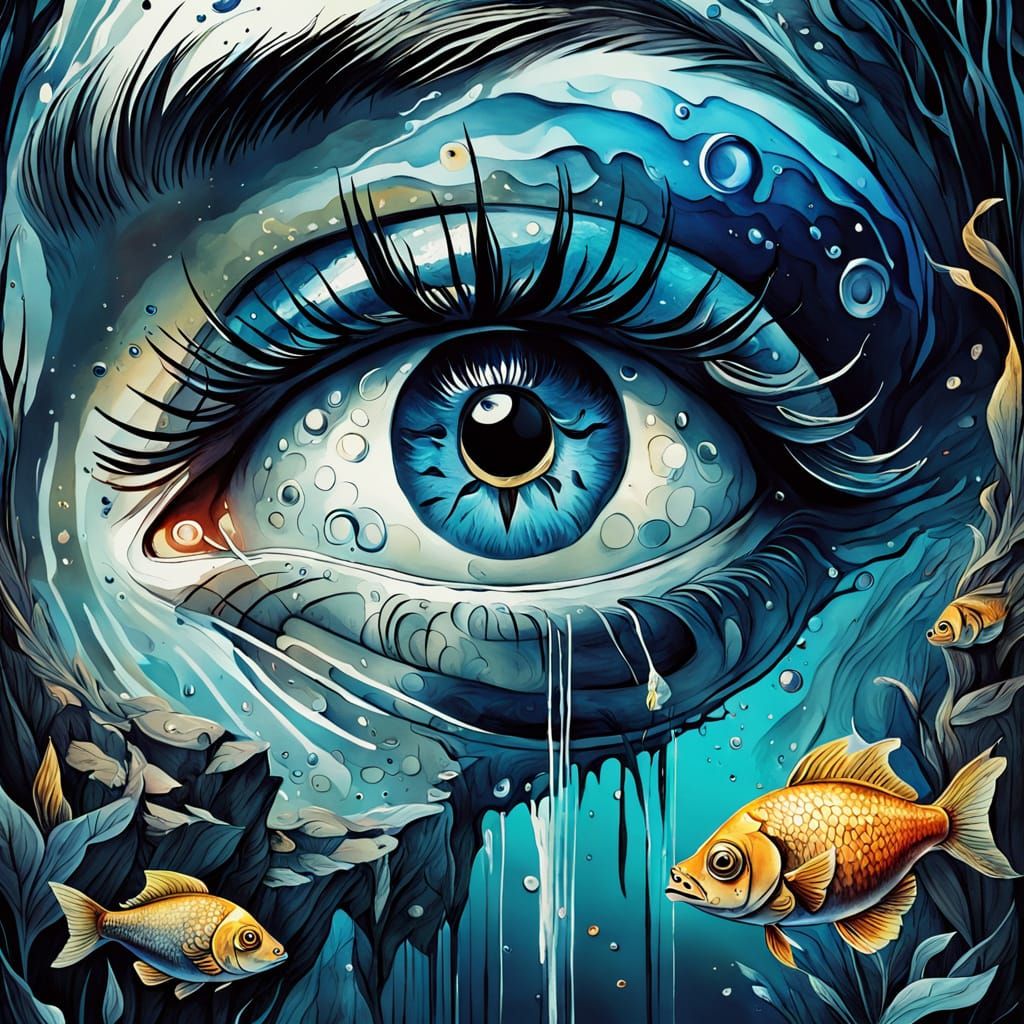 Dreamlike Eye with Waterfall and Fish in Vibrant Iridescent ...