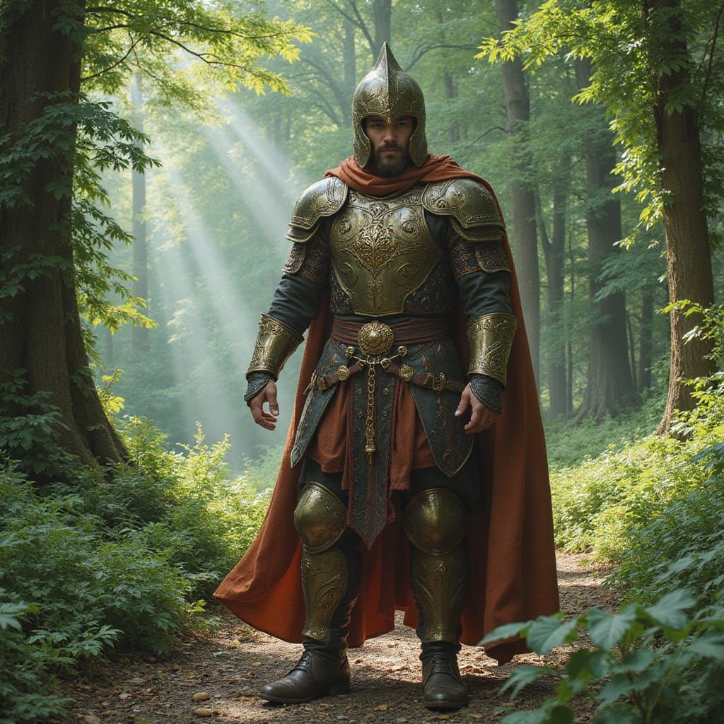 Mystical Warrior in Lush Forest, Digital Art