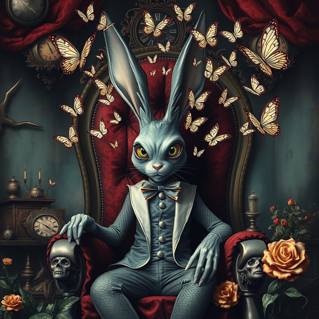 Bad Bunny in a Surrealist Dreamscape of Whimsy and Forebodin...