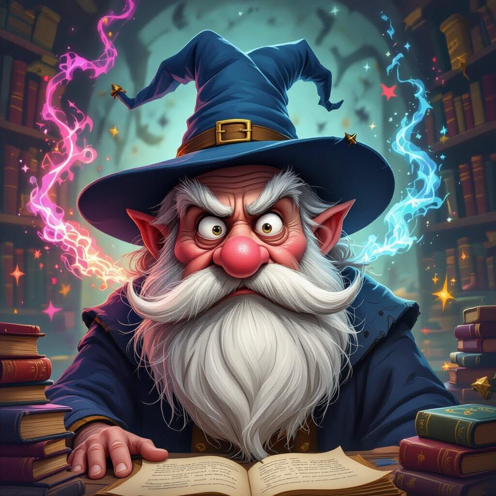 Grumpy Wizard Portrait in Whimsical Storybook Style