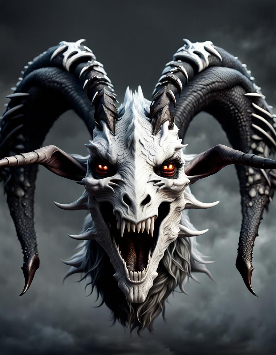 Dragon-Goat Hybrid Nightmare Monster in Dark Fantasy Style